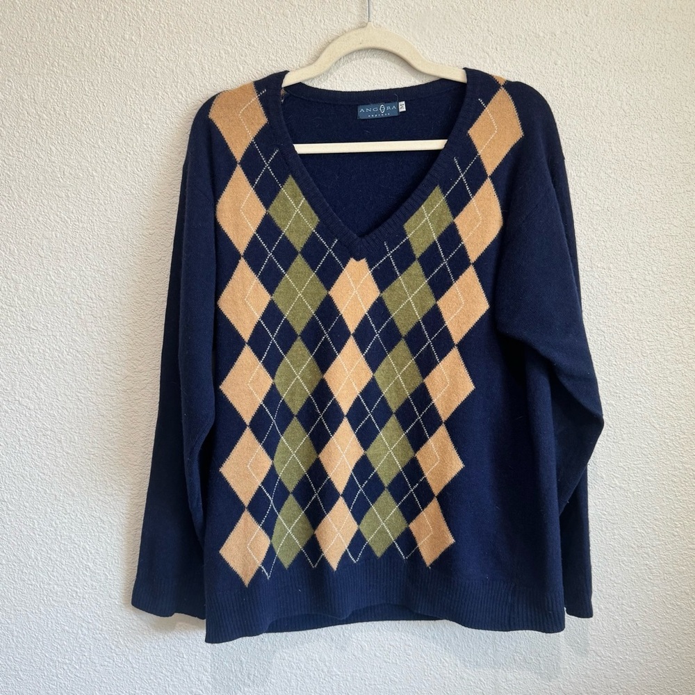 VTG Angora Express Argyle Preppy Sweater Medium Vneck Academia Wool Angora Blend